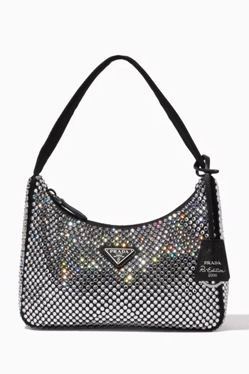 Triangle Logo Mini Hobo Bag in Crystal-Embellished Satin   