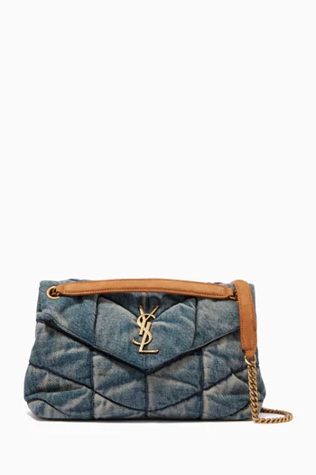 Small Loulou Puffer Bag in Quilted Vintage Denim & Suede     