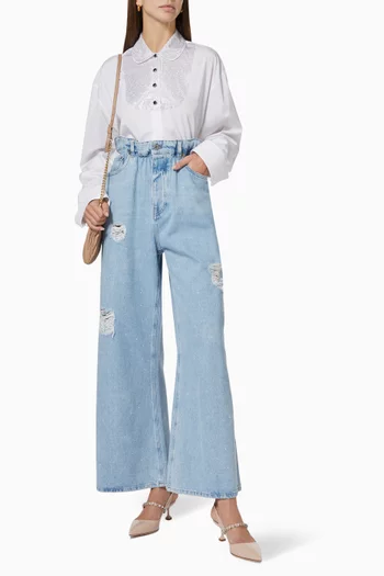 Embellished Cropped Shirt in Cotton Poplin  