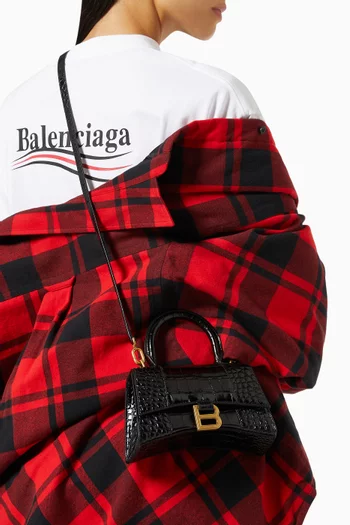 حقيبة اورجلاس بيد علوية جلد عجل لامع بنقشة جلد التمساح مقاس XS