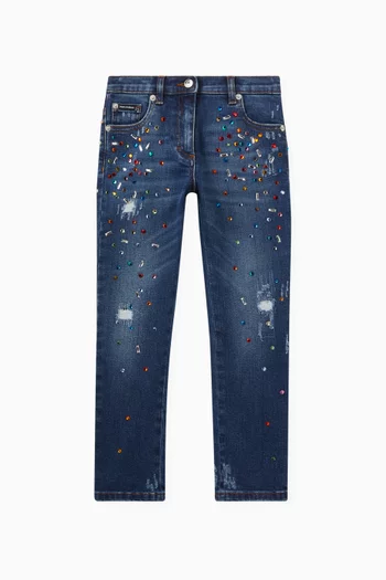 Multi Crystals Ripped Jeans in Denim