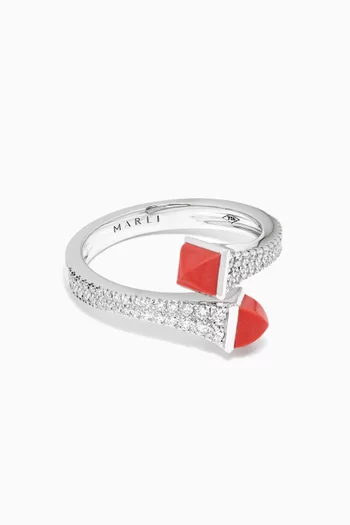 Cleo Diamond & Red Coral Midi Ring in 18kt White Gold        