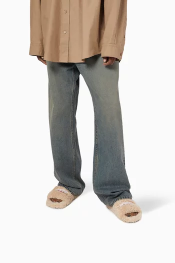 Political Campaign Furry Slide Sandals in Faux Shearling   