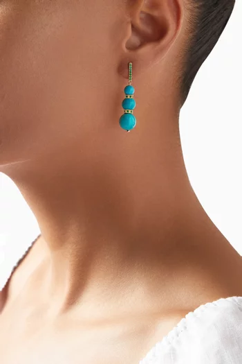 Three Turquoise Ball Drop & Diamonds Earrings in 14kt Yellow Gold  