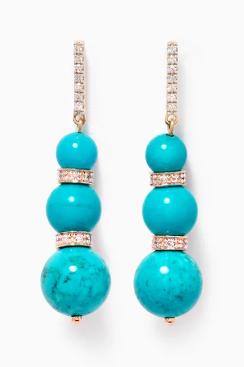 Three Turquoise Ball Drop & Diamonds Earrings in 14kt Yellow Gold  