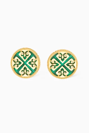 Lace Medallion Malachite & Diamond Stud Earrings in 18kt Yellow Gold