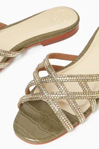Zuri Crystal Flat Sandals in Croc-embossed Leather