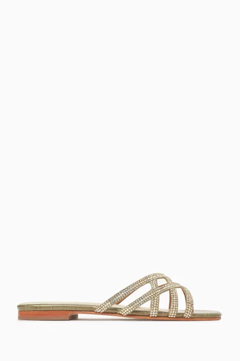 Zuri Crystal Flat Sandals in Croc-embossed Leather