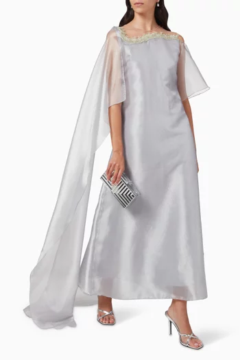 Embellished Sheer Cape Maxi Dress in Organza