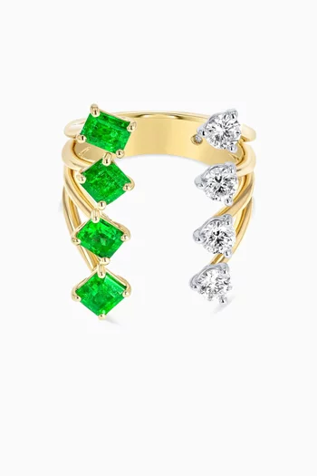 Waterfall Diamond & Emerald Ring in 18kt Gold