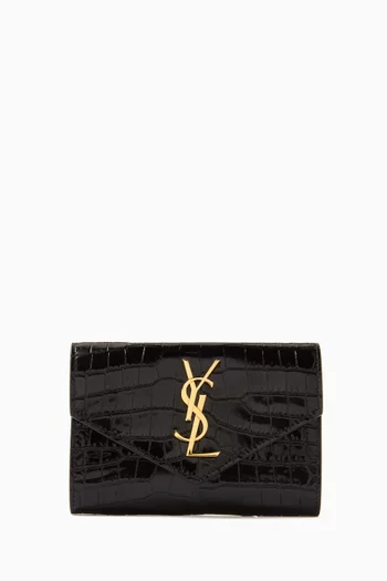 Cassandre Small Envelope Wallet in Shiny Crocodile-embossed Leather