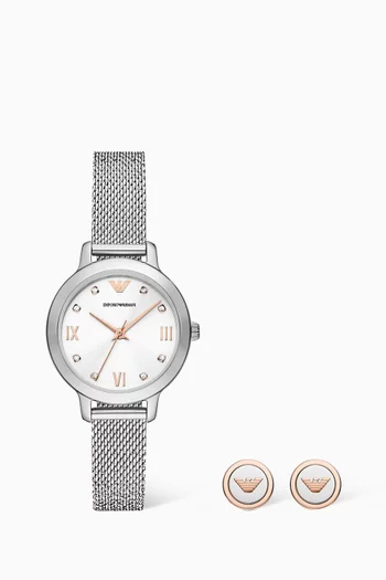 Cleo Stainless Steel Quartz Watch & EA Stud Earrings Set