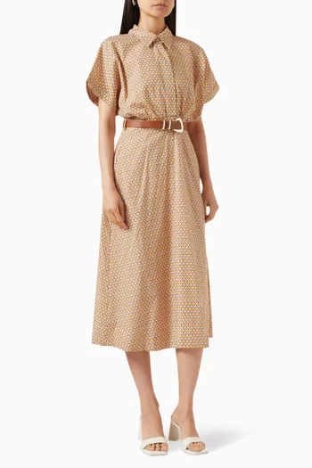 Geometric-print Belted Midi Dress in Cotton