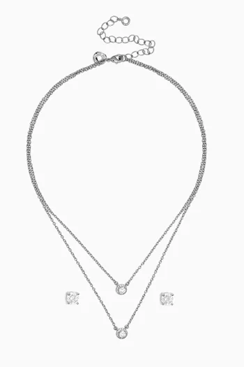 Double Row Halo Necklace & Earring Set in Rhodium-plated Brass