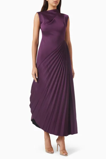 Asymmetrical Pleated-skirt Midi Dress in 3D Spandex