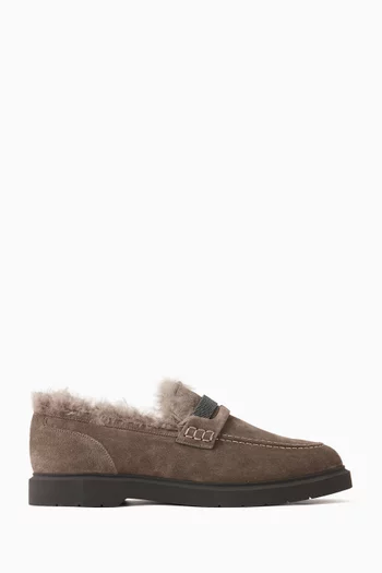 Shearling Lined Penny Loafers in Suede Leather