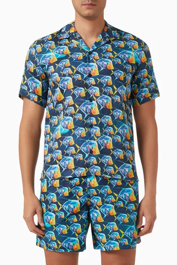 Piranha Print Bowling Shirt in Linen