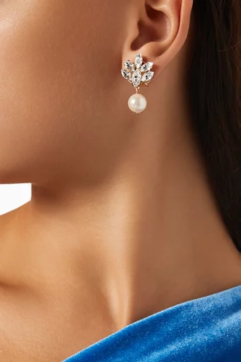Floral Cluster Pearl Drop Earrings in Gold-plated Brass