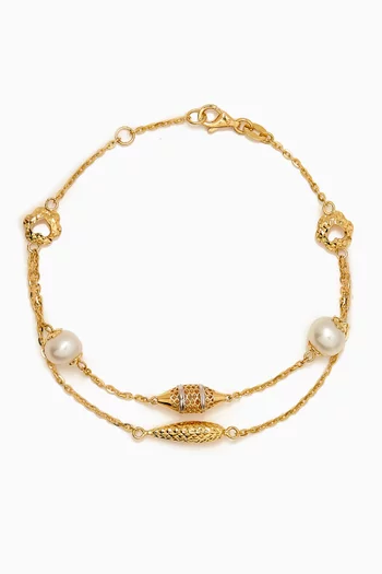 Kiku Freshwater Pearl Charm Double-chain Bracelet in 18kt Gold