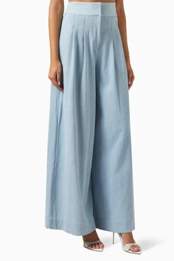 Logan Wide-leg Pleated Pants in Chambray