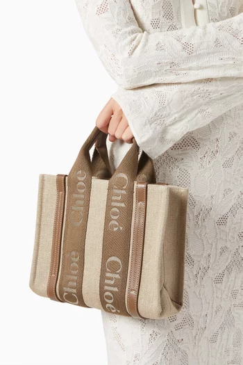 Small Woody Embroidered Tote Bag in Linen Canvas