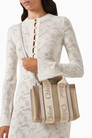 Small Woody Embroidered Tote Bag in Linen Canvas