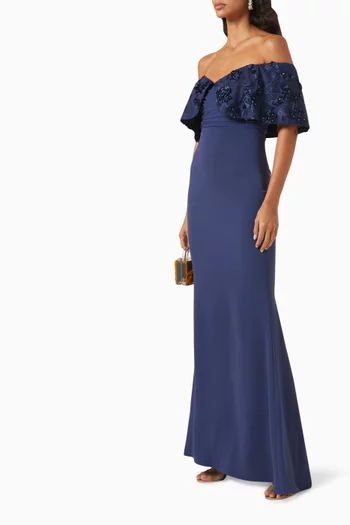 3D Floral-embroidered Gown in Stretch-crepe