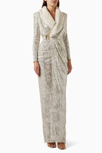 Faux-fur Collar Sequin-embellished Dress