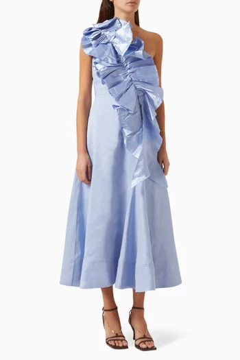 Adelia One-shoulder Ruffled Midi Dress in Linen-blend