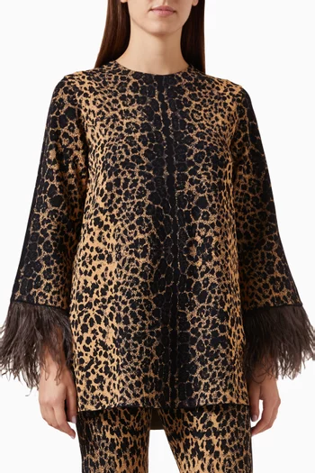 Feather-trimmed Top in Animal-print Jacquard
