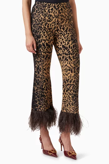 Feather-trimmed Flared Pants in Animal-print Jacquard