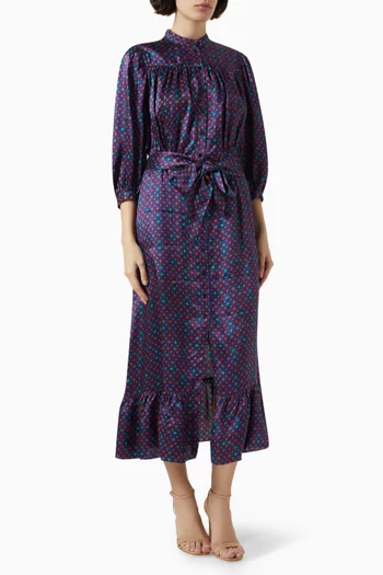 Rosaria Scarf-print Midi Dress in Satin