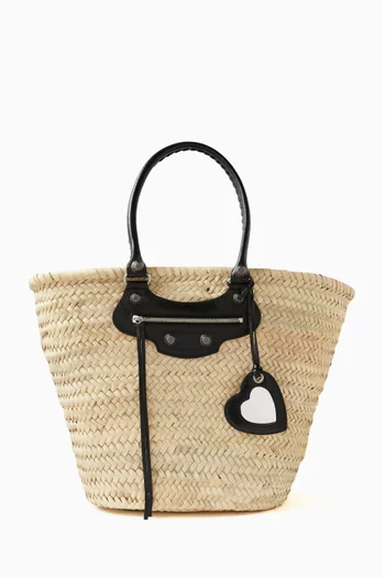 Le Cagole Large Basket in Woven Palm Tree Leaves & Arena Lambskin