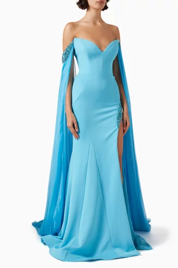 Off-shoulder Cape-sleeve Mermaid Gown