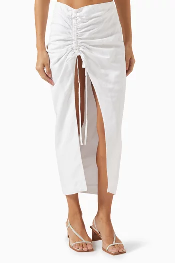 Ruched Drawstring Midi Skirt in Linen-blend