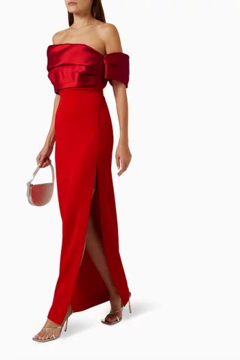 Alexis Off-shoulder Maxi Dress in Twill & Woven Crepe