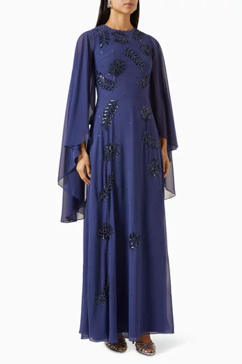 Embellished Cape-sleeve Maxi Dress