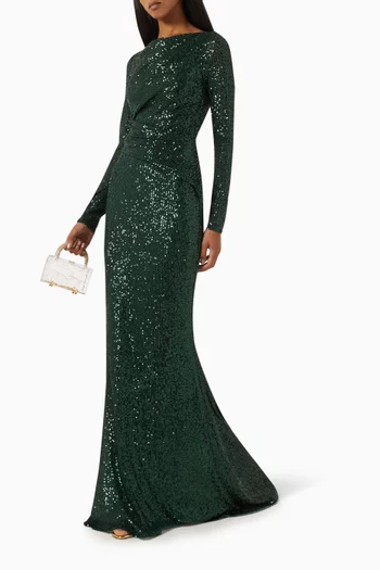 Sequin-embellished Long-sleeve Gown