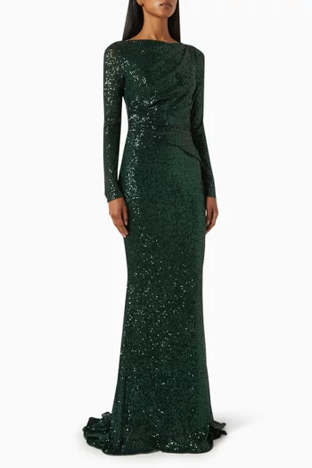 Sequin-embellished Long-sleeve Gown