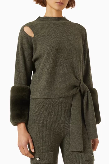Cut-out Tie-detail Sweater with Chinchilla Cuffs in Wool-cashmere Knit