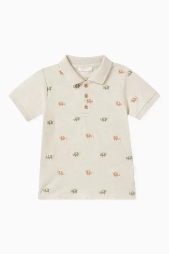 Elephant-embroidery Polo Shirt in Organic Cotton-piqué