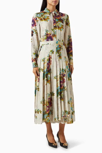Floral-print Pleated Midi Shirt Dress in Satin