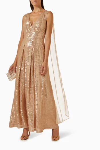 Cape-sleeve Maxi Dress in Sequin