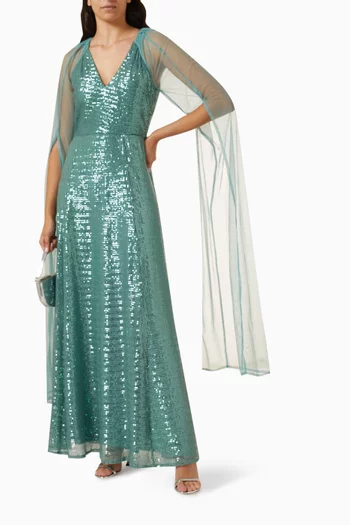 Cape-sleeve Maxi Dress in Sequin