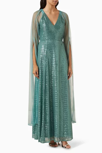 Cape-sleeve Maxi Dress in Sequin