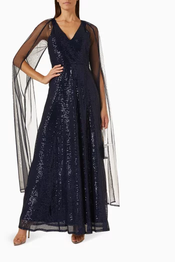 Cape-sleeve Maxi Dress in Sequin