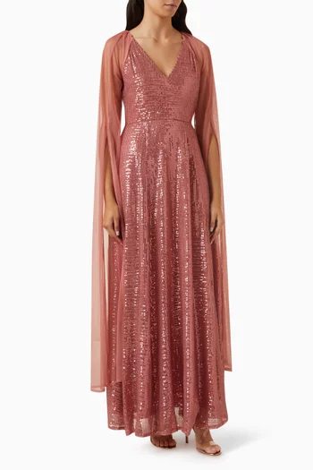 Cape-sleeve Maxi Dress in Sequin