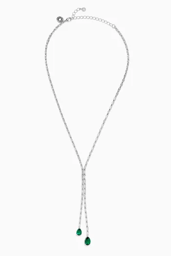 Baguette Pear Drop Y Necklace in Rhodium-plated Brass