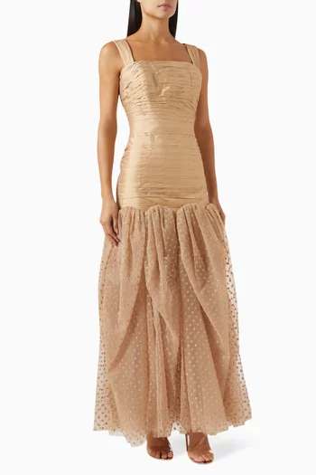 Midi Draped Dress in Dotted Tulle and Taffeta