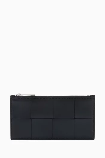 Slim Cassette Long Zip Wallet in Intreccio Leather